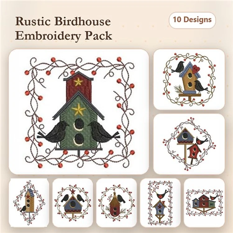 Birdhouse Embroidery Designs Bundle – Rustic Birdhouse with Star, Birdhouse with Green Roof, & More (10 Designs)