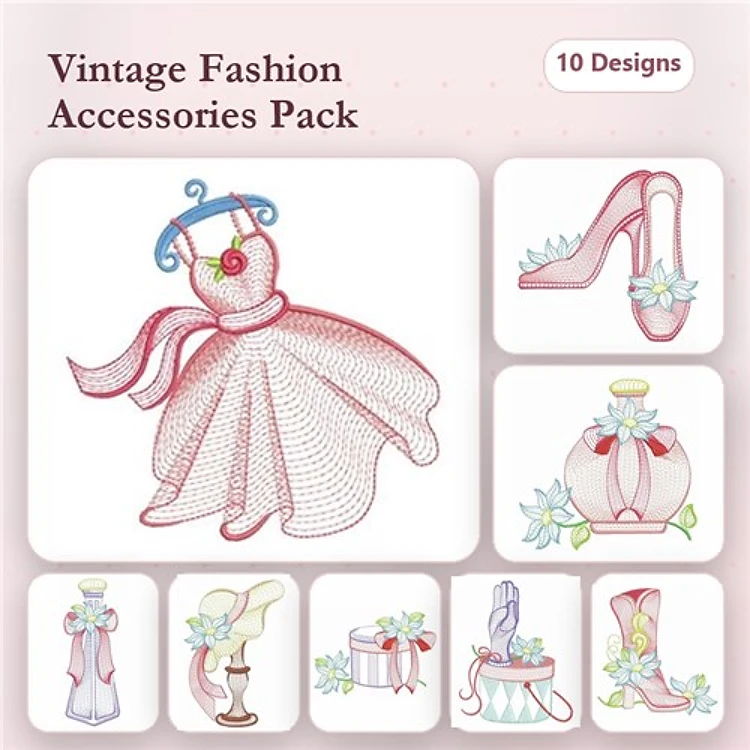 Vintage Fashion Accessories Embroidery Designs Bundle – Vintage Dress, High Heel Shoe, Evening Bag & More (10 Designs)