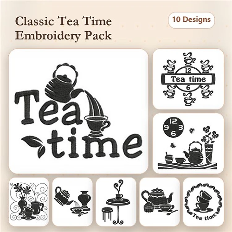 Tea Time Embroidery Designs Bundle – Tea Pot, Tea Cup, Clock & More (10 Designs)
