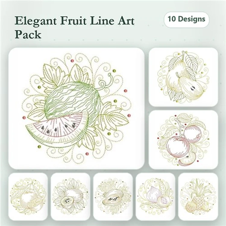 Redwork Elegant Fruit Embroidery Designs Bundle – Watermelon, Pear, Peach, Grapes & More (10 Designs)