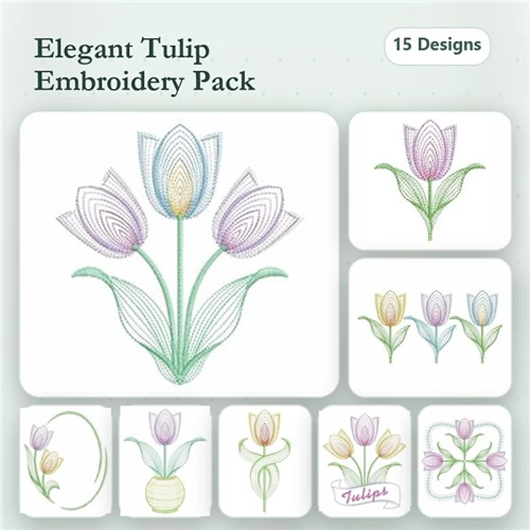 Floral Embroidery Designs Bundle – Elegant Tulip Bouquet, Single Tulip, Tulip Blossom & More (15 Designs)