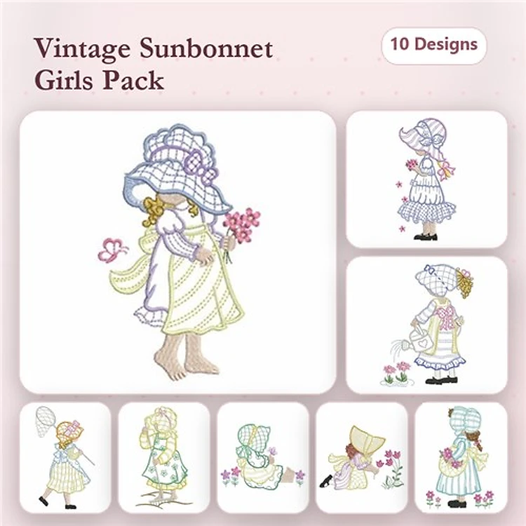 Sunbonnet Girl Embroidery Designs Bundle – Girl with Flowers, Girl with Balloon, Girl in Dress & More (10 Designs)