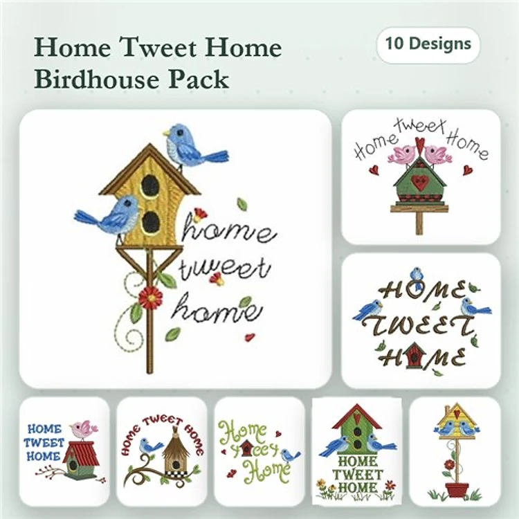 Birdhouse & Bluebirds Embroidery Bundle – Home Tweet Home with Flowers, Birdhouse with Bluebirds & More (10 Designs)