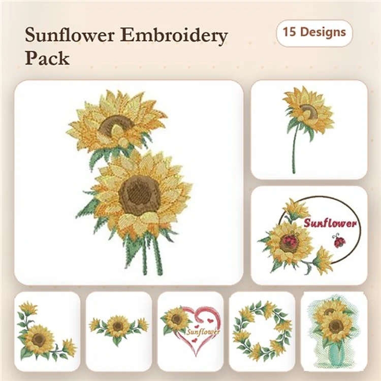 Sunflower Embroidery Designs Bundle – Sunflower Bouquet, Single Sunflower, Sunflower Wreath & More (15 Designs)