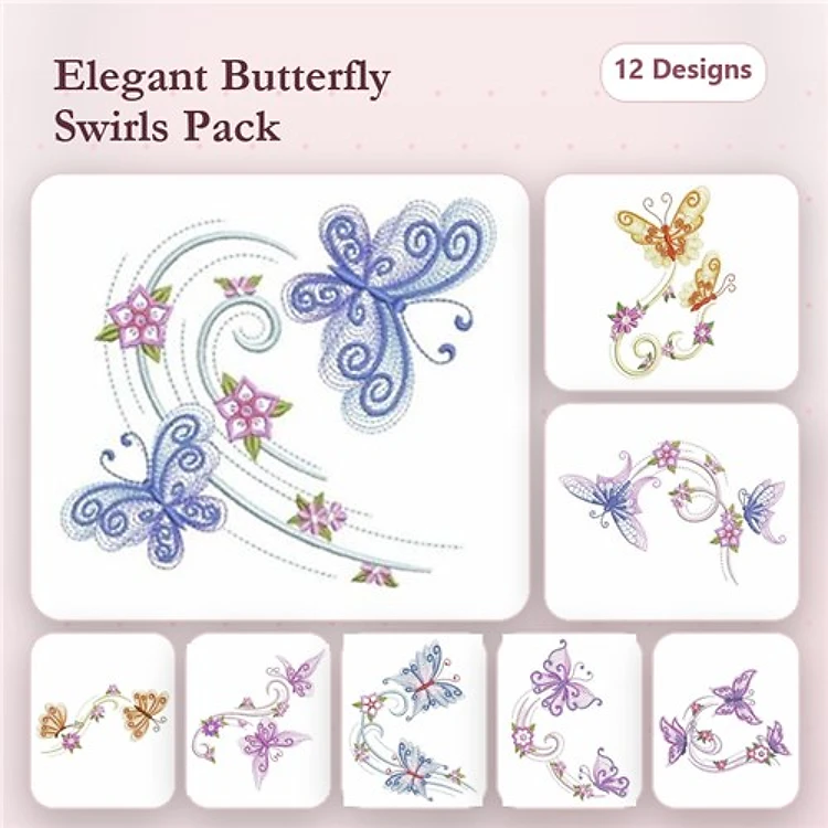 Rippled Butterfly Embroidery Bundle – Elegant Butterfly with Swirl, Butterfly with Flowers, Vibrant Butterfly & More (12 Designs)