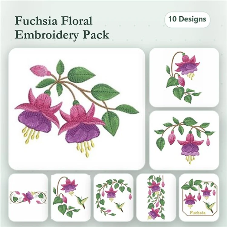 Fuchsia Flower Embroidery Designs Bundle – Fuchsia Flower Cluster, Fuchsia Blossom, Fuchsia Border & More (10 Designs)