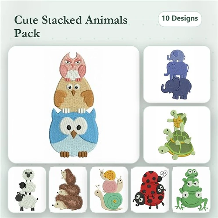 Stacked Animals Embroidery Designs Bundle – Owl Family, Stacked Elephants, Turtle & More (10 Designs)