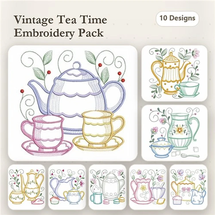 Rippled Vintage Tea Time Embroidery Bundle – Teapot with Cup, Cup and Saucer, Floral Teapot & More (10 Designs)