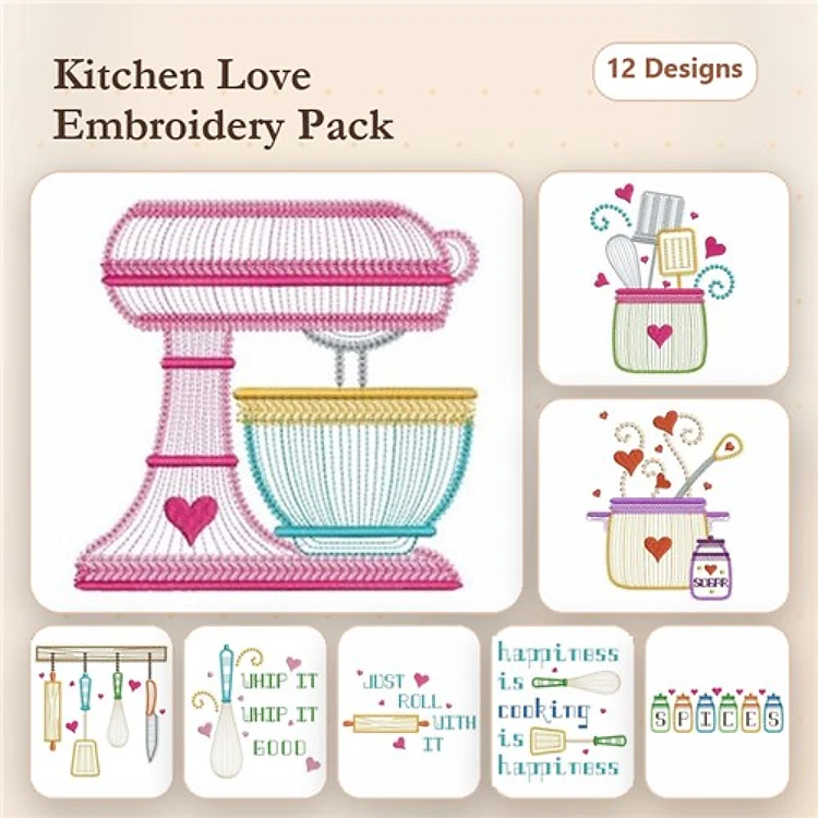 Kitchen Tools & Quotes Embroidery Designs Bundle – Stand Mixer, Mixing Bowl, Cooking Quote 1 & More (12 Designs)