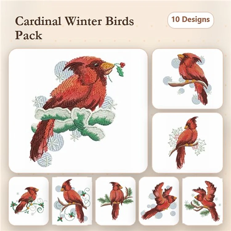 Cardinal Winter Birds Embroidery Bundle – Cardinal on Holly, Cardinal with Berries, Two Cardinals on Branch & More (10 Designs)