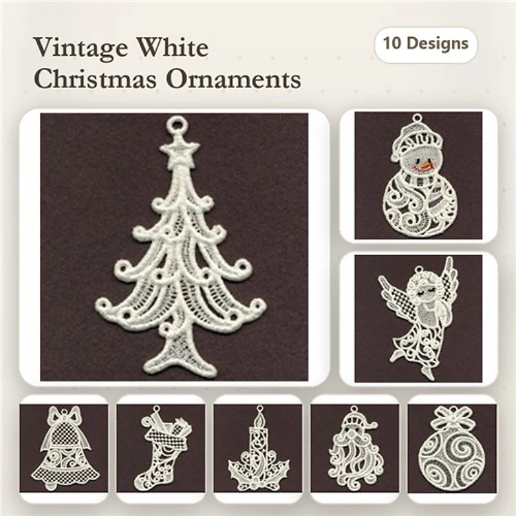 FSL Vintage White Christmas Ornament Embroidery Bundle – Christmas Tree, Snowman, Angel & More (10 Designs)
