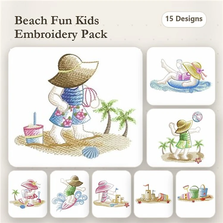 Beach-Themed Children Activities Embroidery Designs Bundle – Child with Beach Hat, Making Sandcastle, Relaxing on Towel & More (15 Designs)