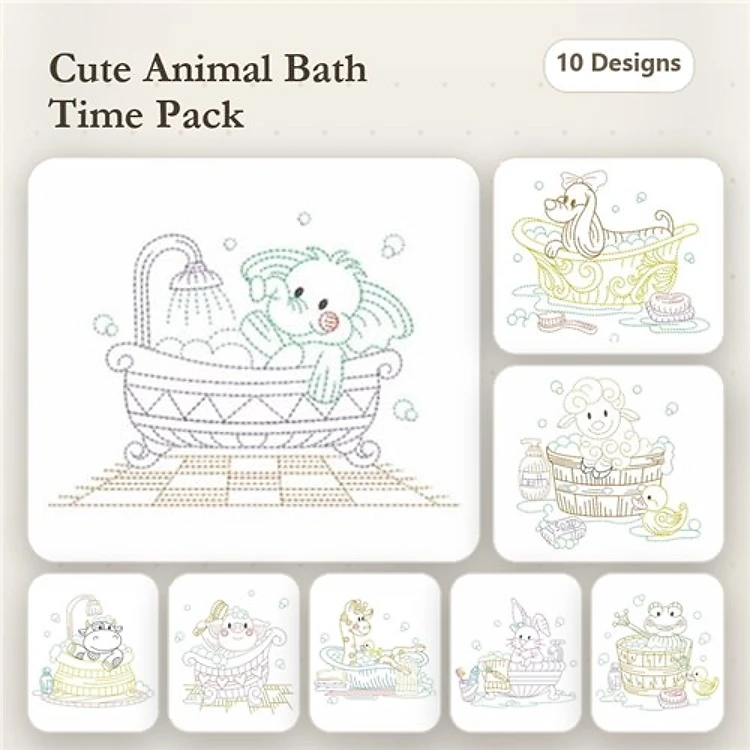 Cute Animal Bath Time Embroidery Bundle – Fun Designs (10 Designs)
