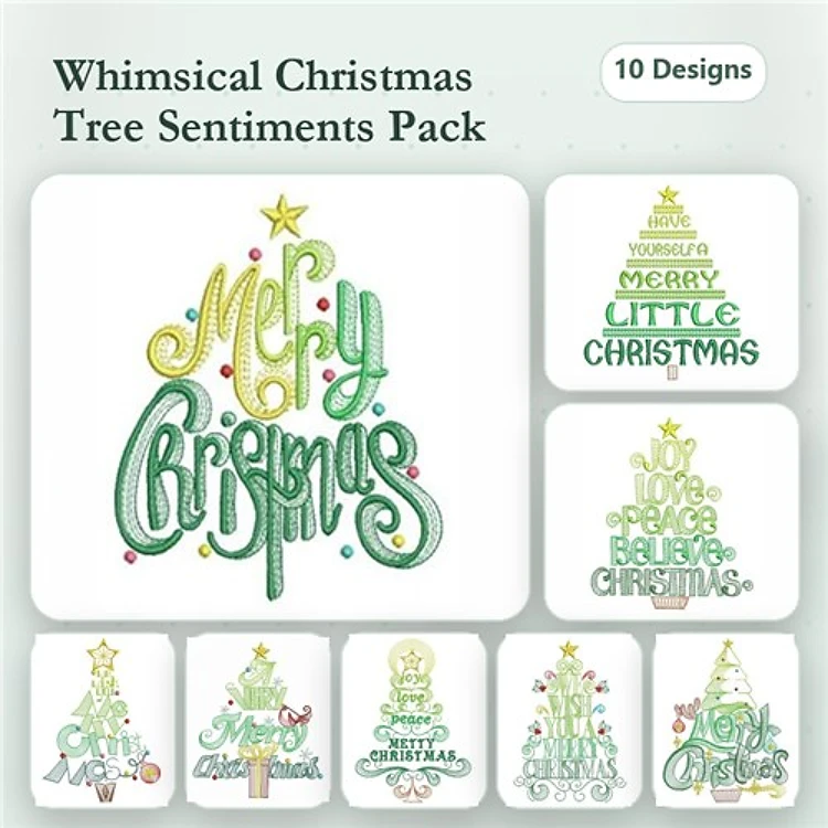 Christmas Tree Embroidery Designs Bundle – Merry Christmas Tree, Joyful Christmas Tree, Let It Snow & More (10 Designs)