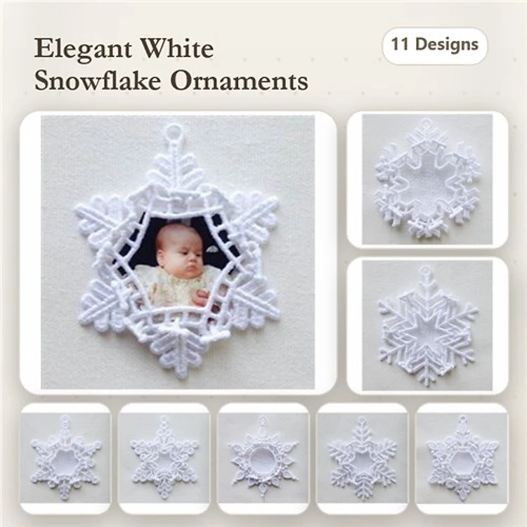 FSL Elegant Snowflake Ornaments Embroidery Bundle – Photo Frame Ornament, Snowflake Ornament 1, Snowflake Ornament 2 & More (11 Designs)