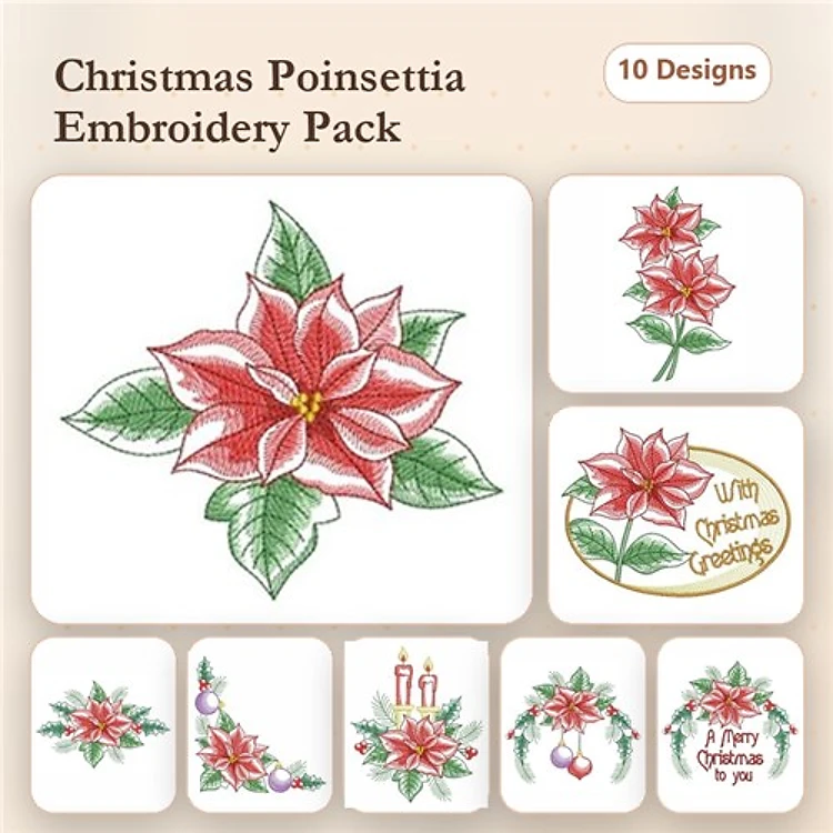 Rippled Poinsettia Christmas Embroidery Designs Bundle – Poinsettia with Candle, Poinsettia with Ornament, & More (10 Designs)
