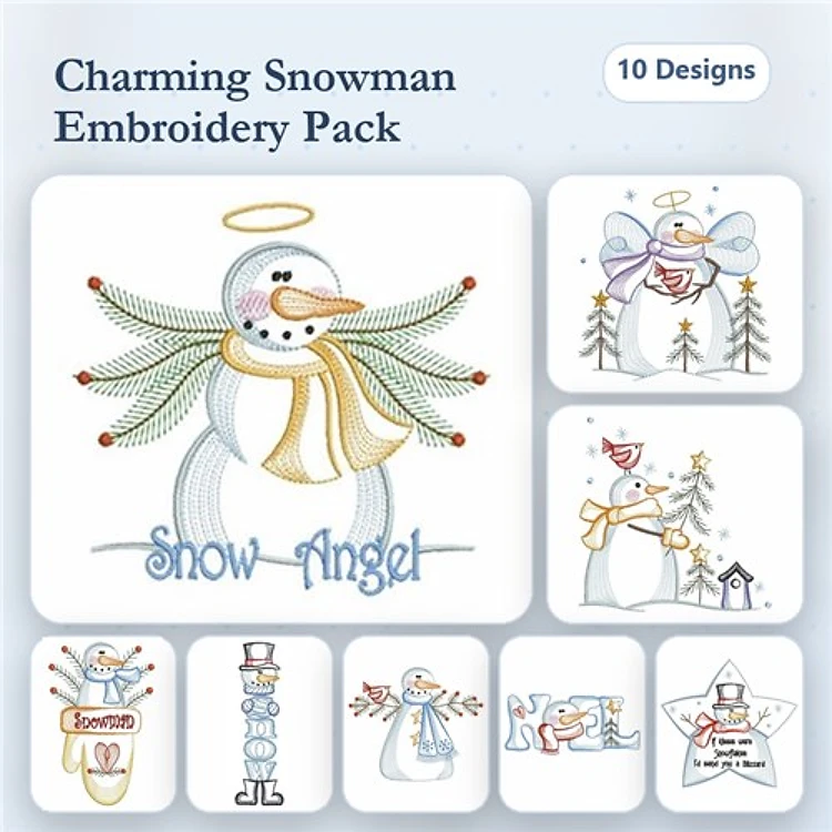 Rippled Charming Snowman Embroidery Designs Bundle – Snow Angel, Snowman with Scarf, Snowman with Tree & More (10 Designs)