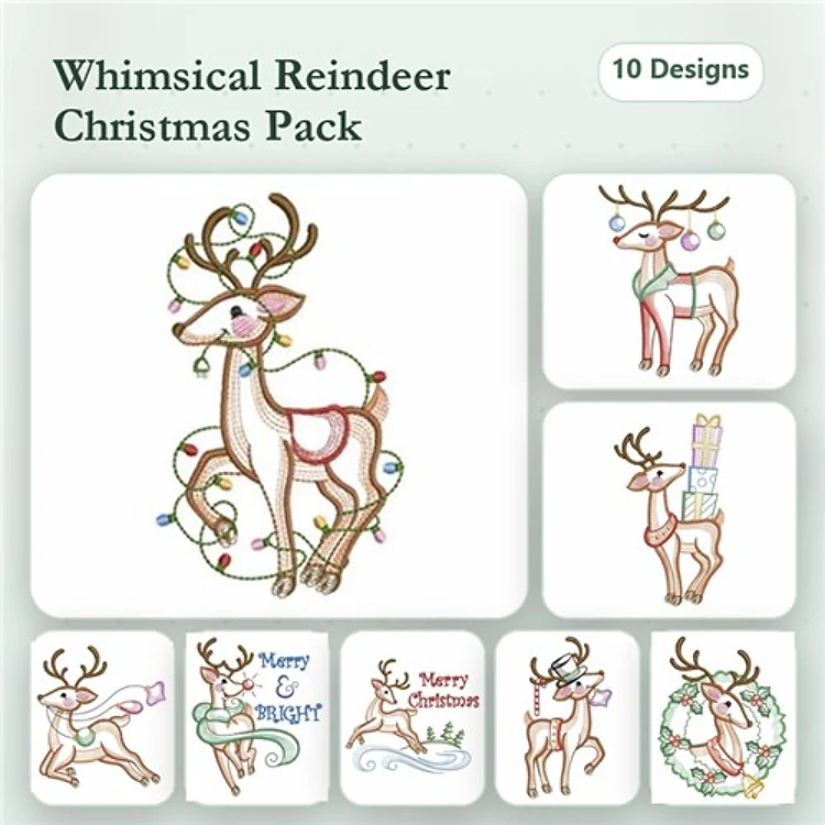 Redwork Whimsical Reindeer Embroidery Designs Bundle – Christmas Lights, Gifts, Merry & Bright & More (10 Designs)