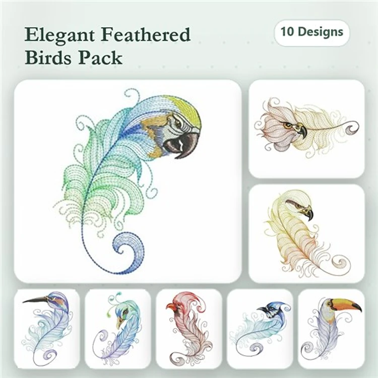 Rippled Elegant Bird Embroidery Designs Bundle – Macaw, Hummingbird, Peacock & More (10 Designs)