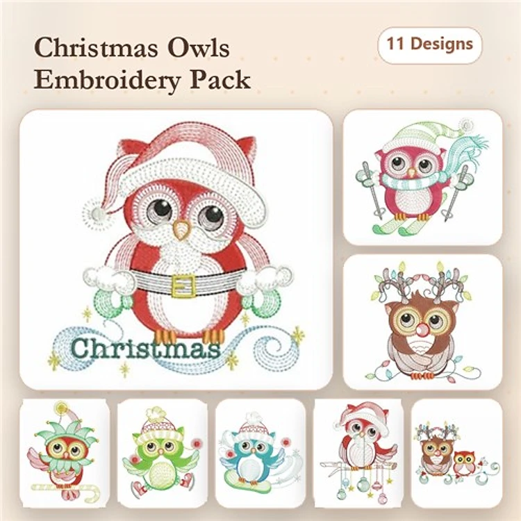 Rippled Christmas Owls Embroidery Bundle – Santa Owl, Owl with Christmas Lights, Owl with Snowman & More (11 Designs)