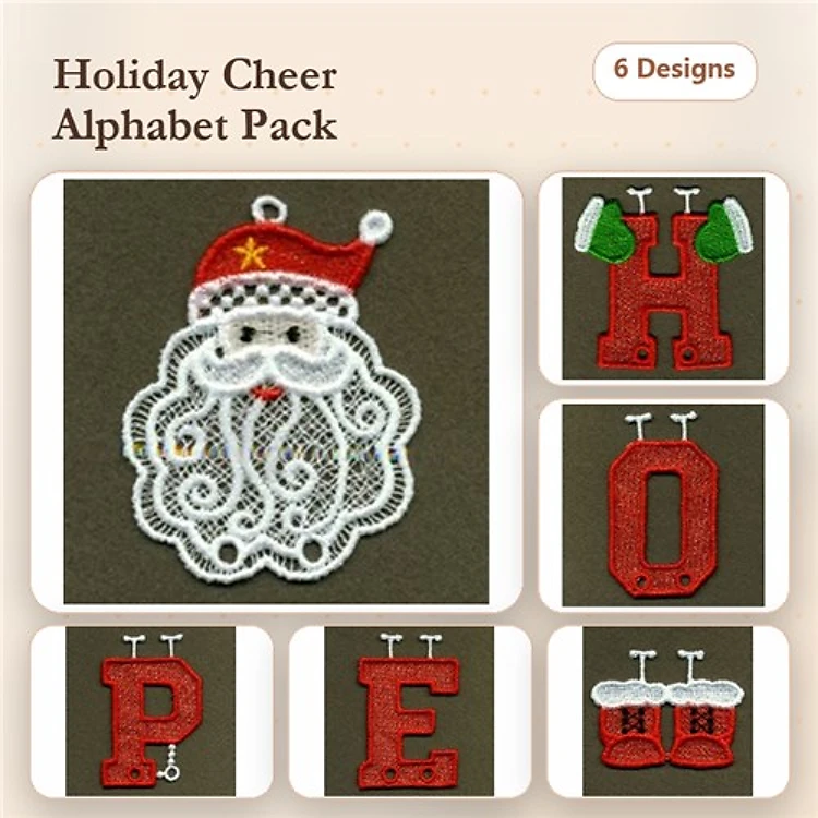 FSL Holiday Alphabet Embroidery Designs Bundle – Santa Face, Letters H, O, P, E & More (6 Designs)
