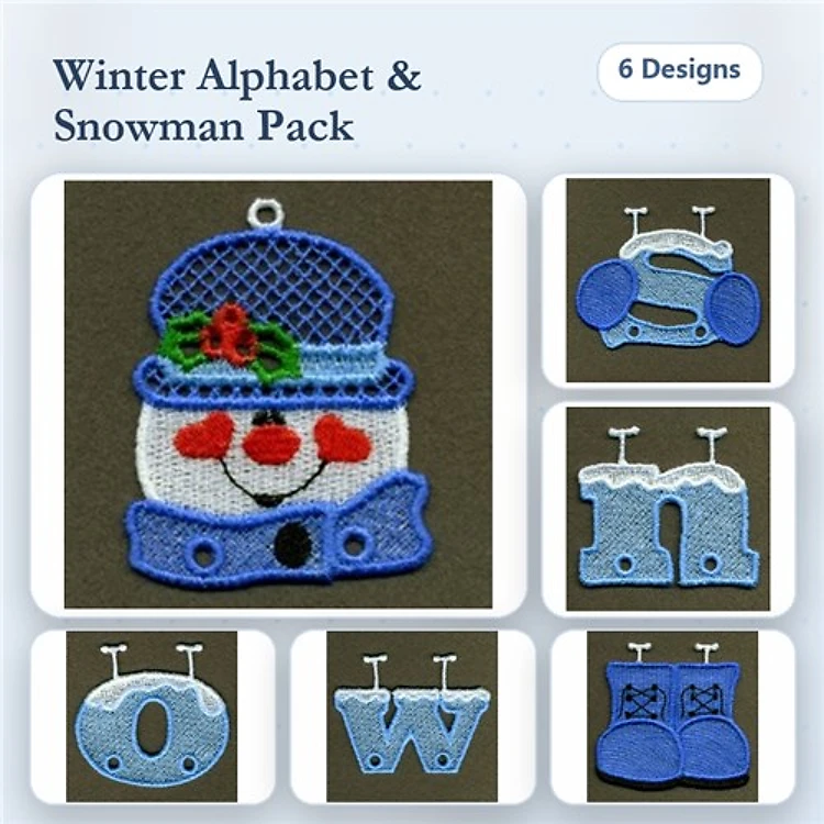 FSL Winter Alphabet & Snowman Embroidery Bundle – Snowman Ornament, Letter O with Snow, Letter W with Snow & More (6 Designs)