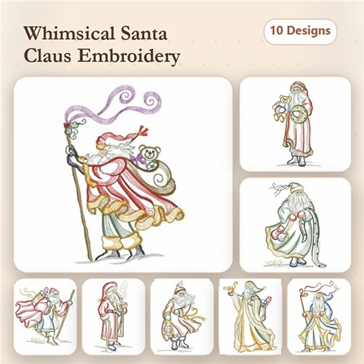 Rippled Whimsical Santa Claus Embroidery Bundle – Santa with Gifts, Santa with Tree, Santa with Scroll & More (10 Designs)