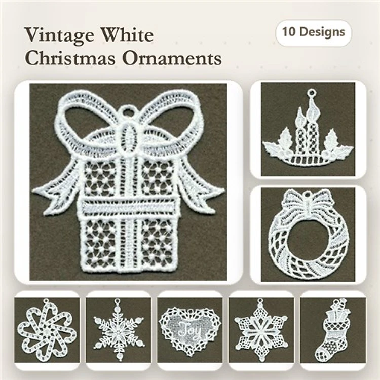 FSL Vintage White Christmas Ornaments Embroidery Designs Bundle – Gift Box, Candle, Wreath & More (10 Designs)