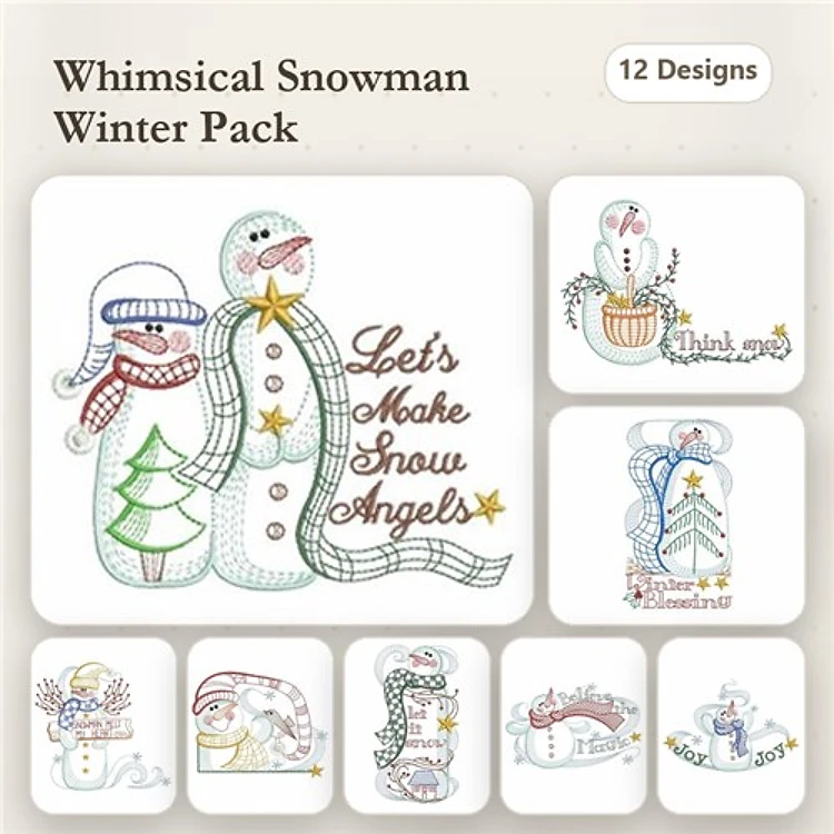 Snowman Embroidery Designs Bundle – Snowman with Tree, Snowman with Scarf, Let's Make Snow Angels & More (12 Designs)