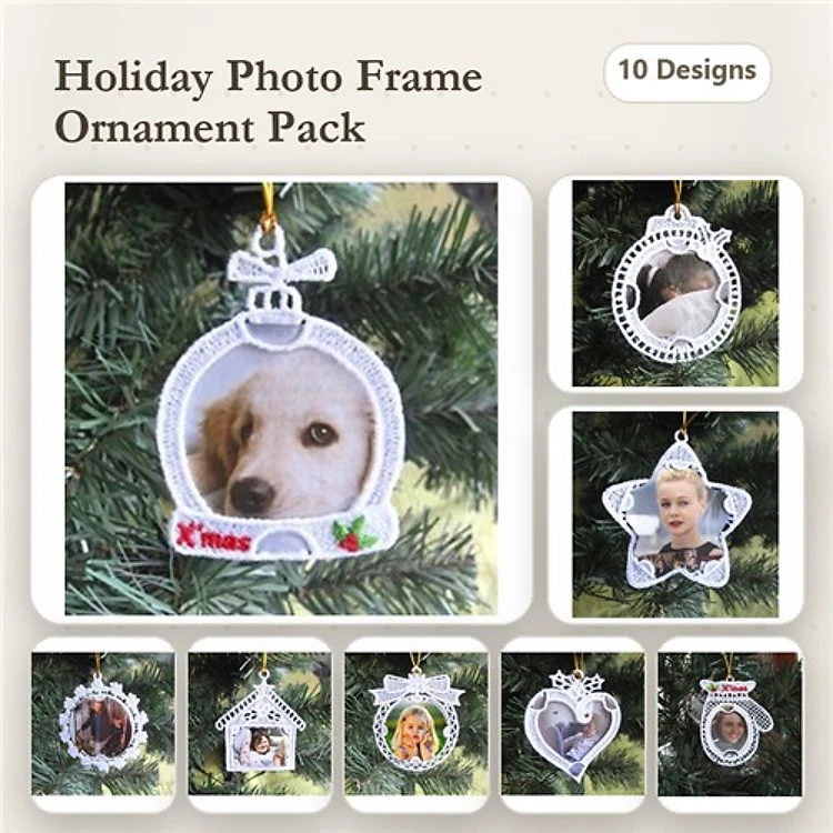 FSL Holiday Photo Frame Ornament Embroidery Bundle – Dog, Star, Heart, House & More (10 Designs)