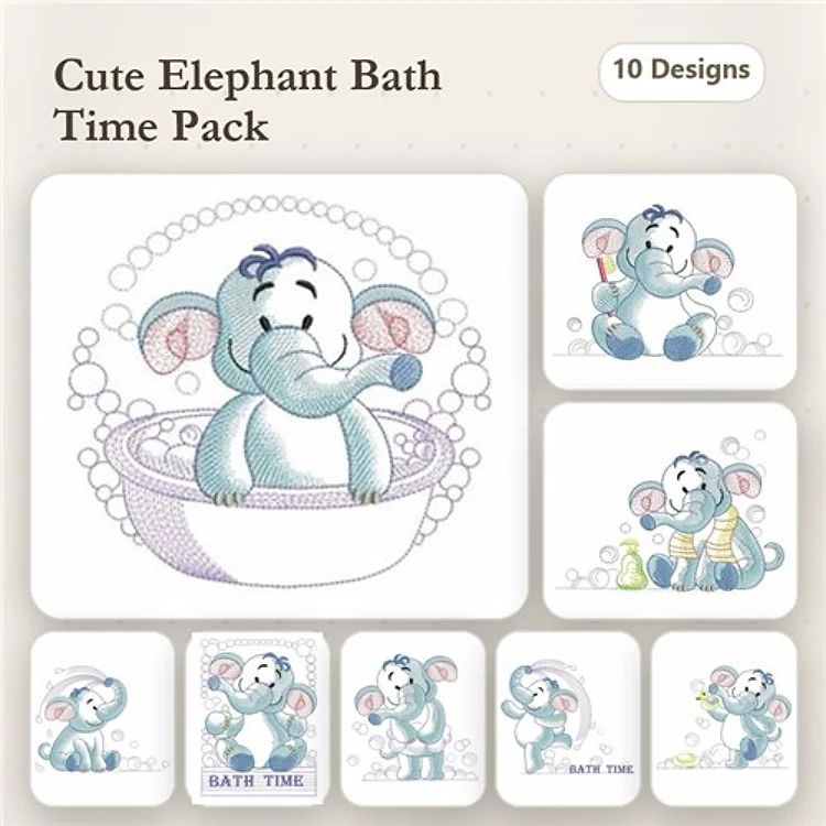 Cute Elephants in Bath Embroidery Bundle – Elephant in Bathtub, Elephant with Rubber Duck & More (10 Designs)