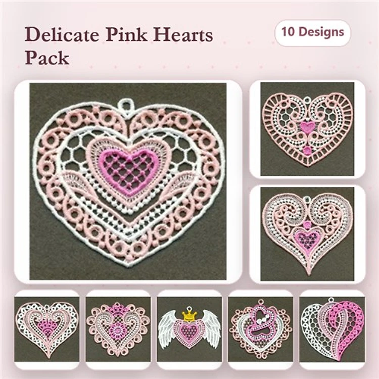 FSL Delicate Pink Heart Embroidery Designs Bundle – Heart with Lace, Winged Heart, Floral Heart & More (10 Designs)