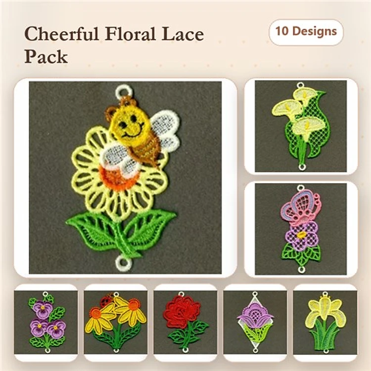 FSL Cheerful Floral Embroidery Designs Bundle – Bee on Flower, Colorful Flower Bouquet, Butterfly Ornament & More (10 Designs)