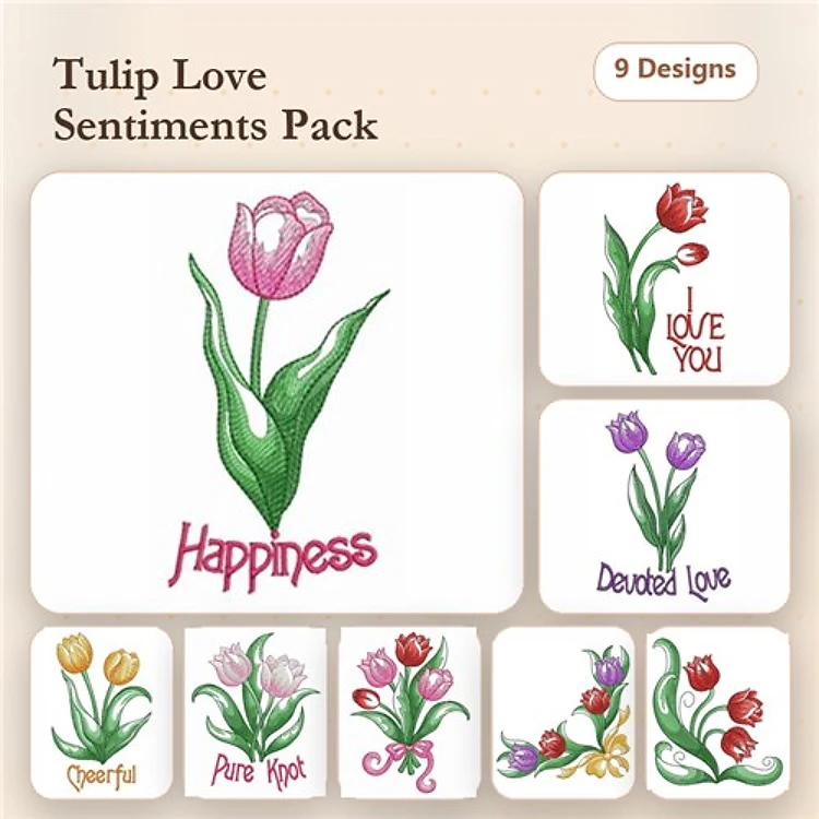 Tulips with Sentiments Embroidery Designs Bundle – Tulip with Happiness, Tulip with I Love You, Tulip Bouquet & More (9 Designs)