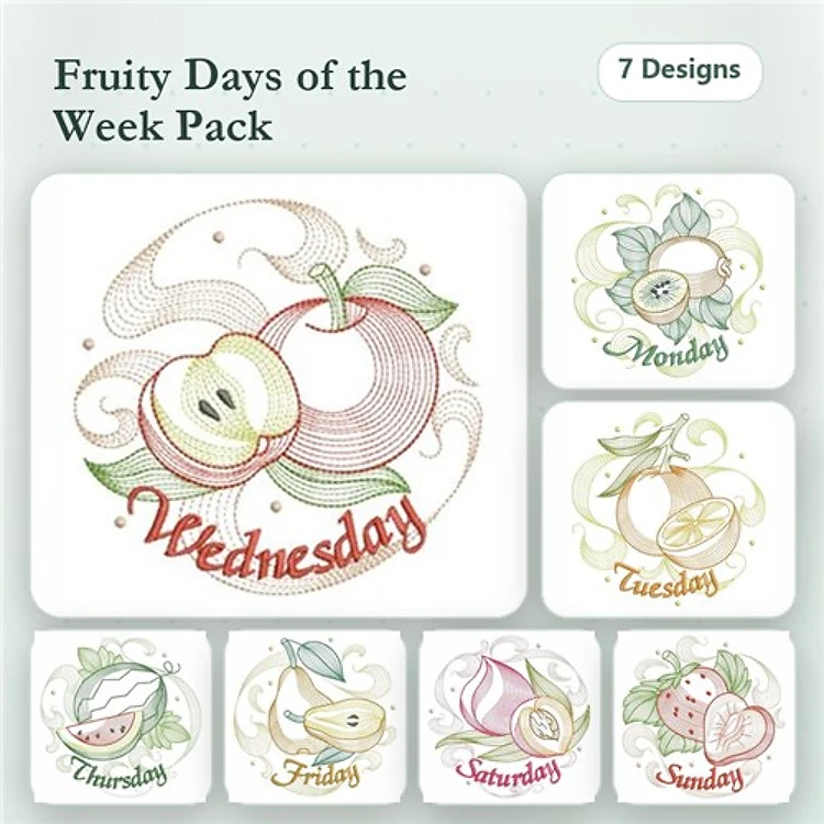 Fruity Days of the Week Embroidery Designs Bundle – Monday Pear, Wednesday Apple, Friday Strawberry & More (7 Designs)