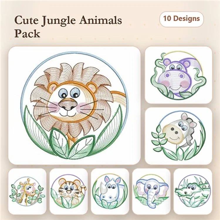 Rippled Cute Jungle Animals Embroidery Bundle – Lion, Hippo, Giraffe, Elephant & More (10 Designs)