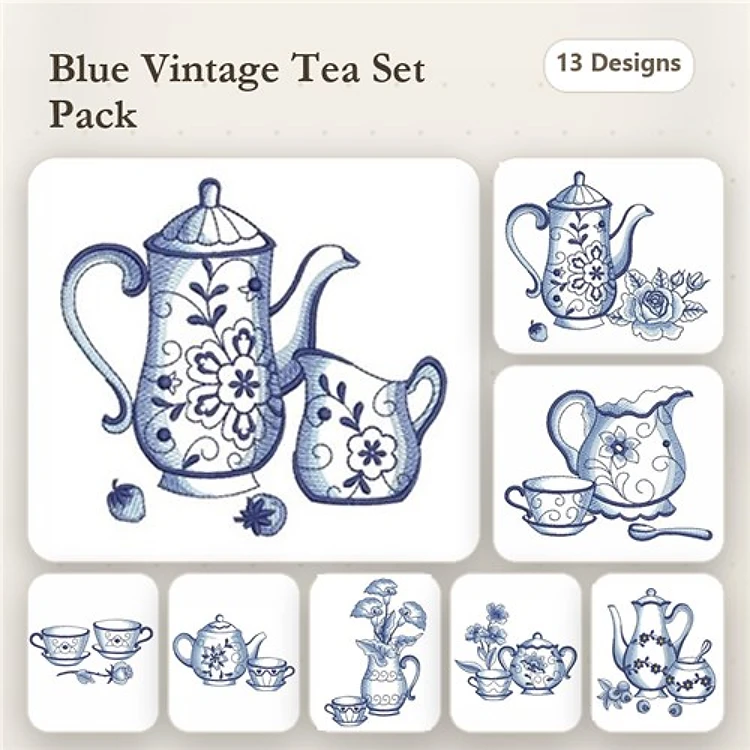 Redwork Vintage Tea Set Embroidery Designs Bundle – Tea Pot with Flowers, Creamer with Floral Design & More (13 Designs)