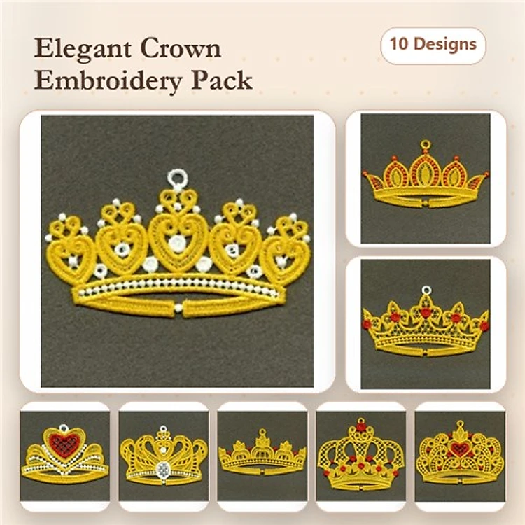 FSL Elegant Crowns Embroidery Bundle – Crown with Hearts, Ornate Crown, Golden Crown & More (10 Designs)