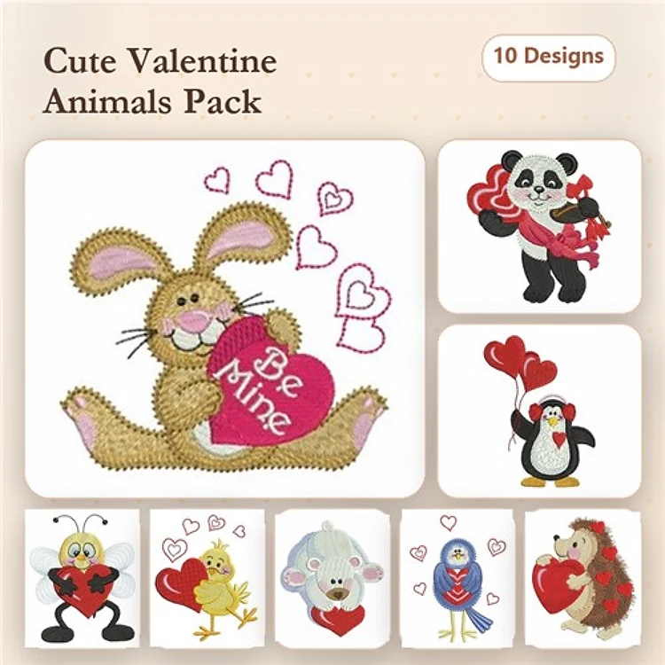 Valentine's Day Animals Embroidery Designs Bundle – Bunny with Heart, Panda with Heart, Penguin with Heart & More (10 Designs)