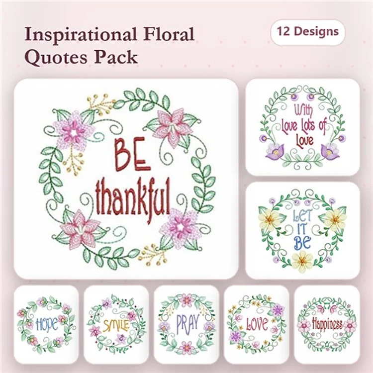 Floral Wreath Embroidery Designs Bundle – Be Thankful, With Love, Let It Be & More (12 Designs)