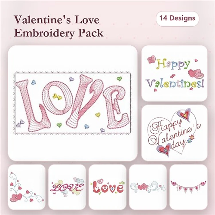 Valentine's Day Love Embroidery Designs Bundle – LOVE Text, Happy Valentine's Day Heart, Love Banner & More (14 Designs)