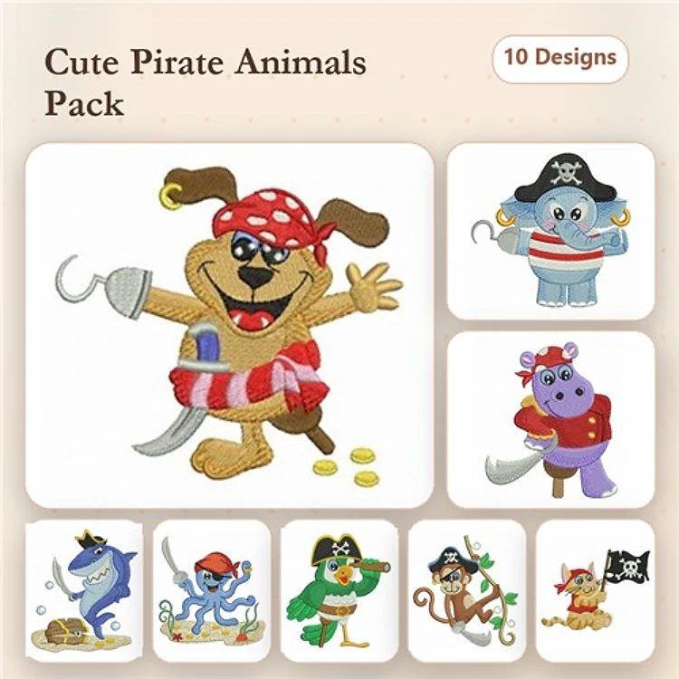 Cute Pirate Animals Embroidery Bundle – Adorable Designs (10 Designs)