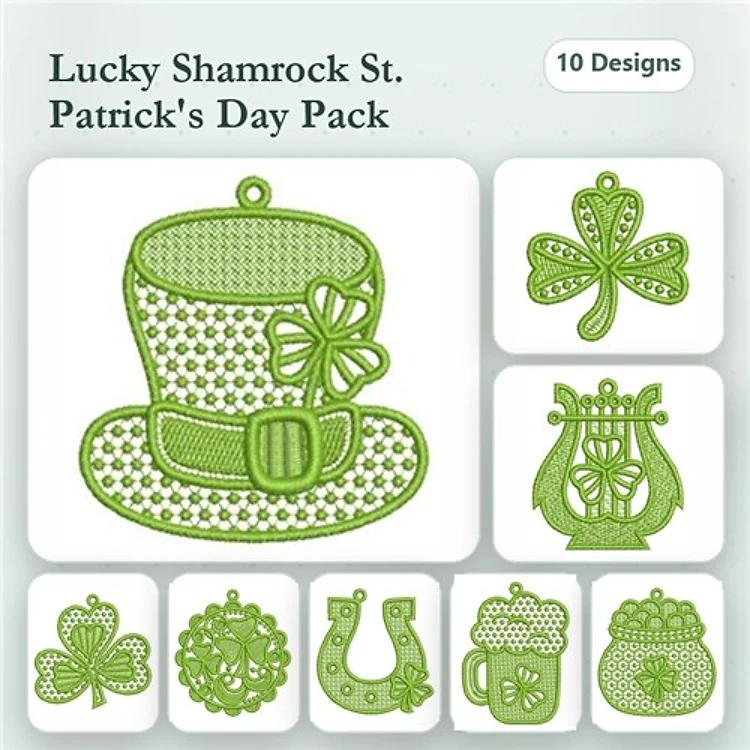 FSL St. Patrick's Day Embroidery Designs Bundle – Shamrock Hat, Leprechaun, Owl, Pot of Gold & More (10 Designs)