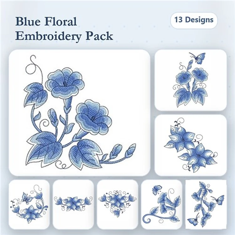 Floral Embroidery Bundle – Blue Floral Arrangement, Blue Flower Cluster, Elegant Blue Blossom & More (13 Designs)
