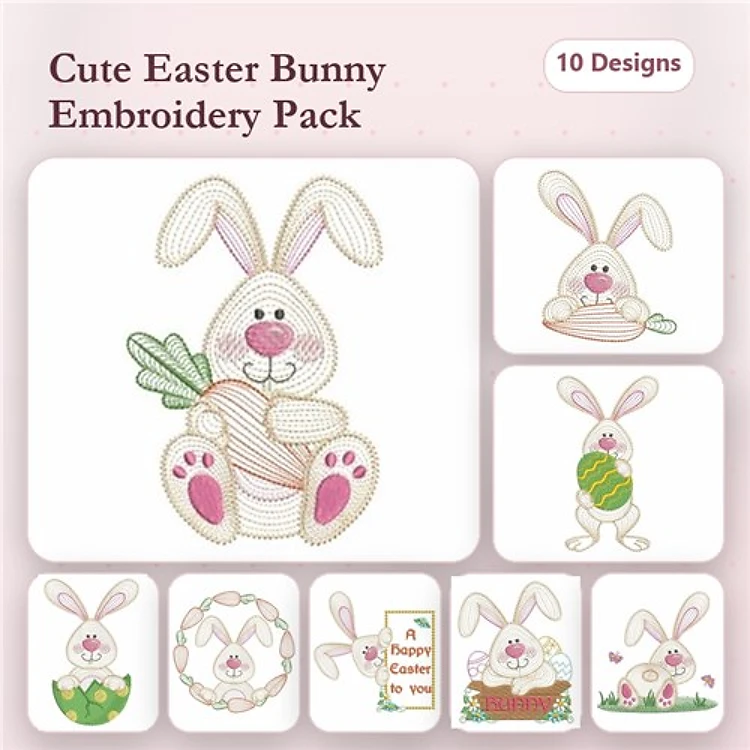 Easter Bunny Embroidery Designs Bundle – Cute Bunny with Carrot, Bunny in Basket, Bunny Peeking & More (10 Designs)