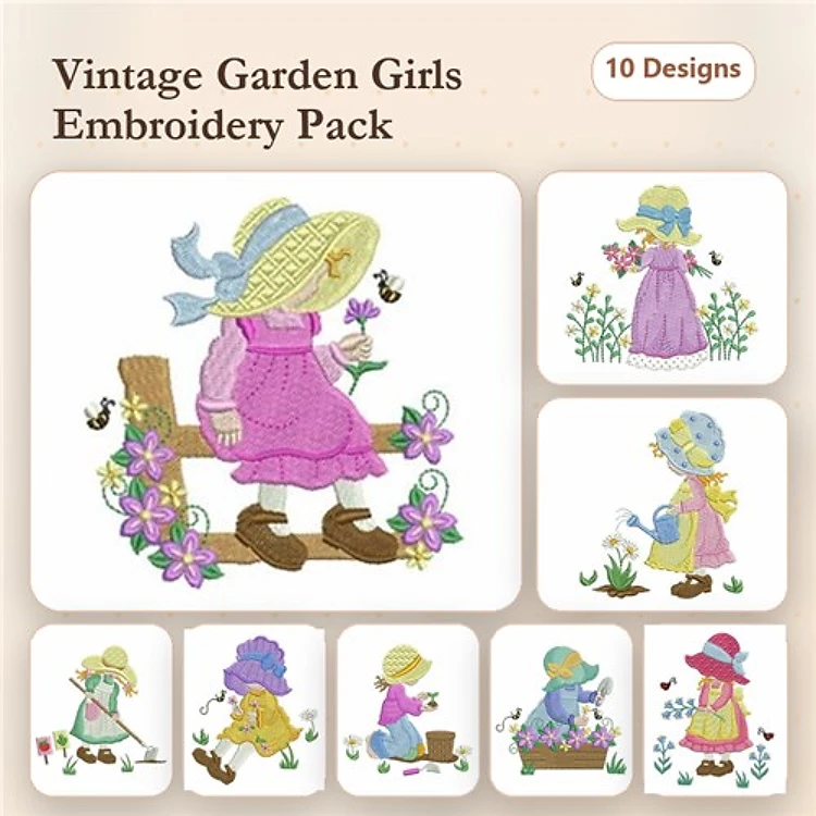 Vintage Garden Girls Embroidery Designs Bundle – Girl Sitting on Fence, Girl Watering Plants, Girl with Hat & More (10 Designs)