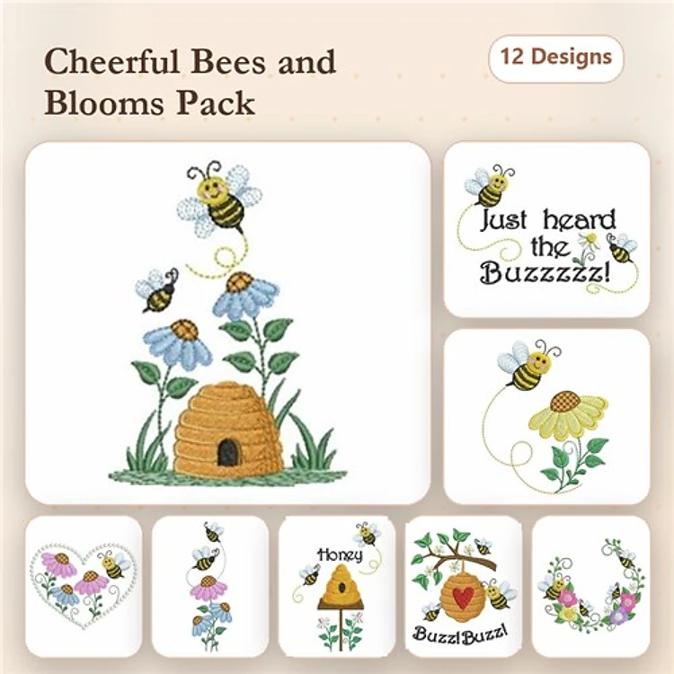 Bee & Flower Embroidery Designs Bundle – Bee with Flower, Just heard the Buzz, Bee Hive & More (12 Designs)