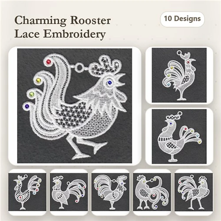 FSL Charming Roosters Embroidery Designs Bundle – Rooster with Colorful Accents, Decorative Rooster & More (10 Designs)