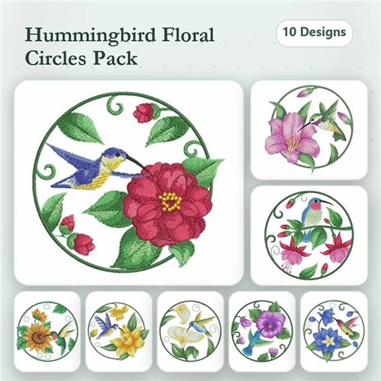 Hummingbird & Floral Embroidery Designs Bundle – Hummingbird and Red Flower, Pink Lily, Hummingbird and Blue Flower & More (10 Designs)