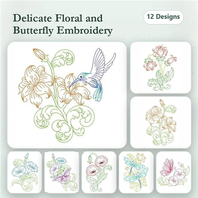 Redwork Floral and Butterfly Embroidery Designs Bundle – Hummingbird with Flowers, Colorful Butterfly, Delicate Flower Cluster & More (12 Designs)